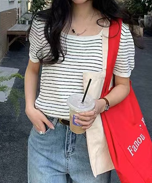 BANICO(バニコ)の「ボーダー柄半袖ニットトップス (SS)(Tシャツ/カットソー・レディース・ブルー/ホワイト/グリーン/イエロー・FREE)」の12枚目の写真