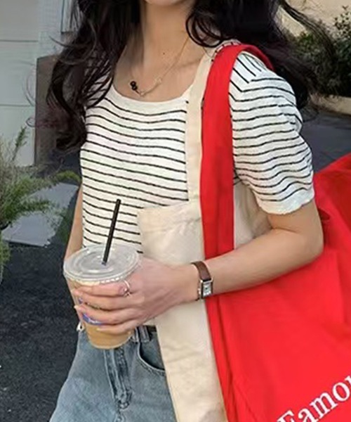 BANICO(バニコ)の「ボーダー柄半袖ニットトップス (SS)(Tシャツ/カットソー・レディース・ブルー/ホワイト/グリーン/イエロー・FREE)」の14枚目の写真