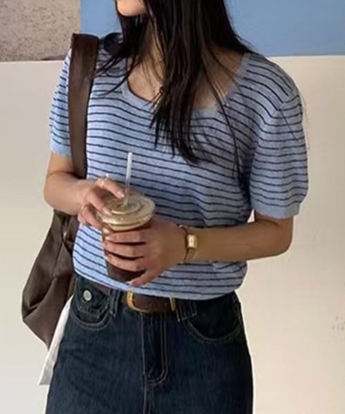 BANICO(バニコ)の「ボーダー柄半袖ニットトップス (SS)(Tシャツ/カットソー・レディース・ブルー/ホワイト/グリーン/イエロー・FREE)」の15枚目の写真