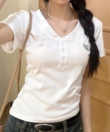 2タイプ刺しゅうヘンリーネック Tシャツ