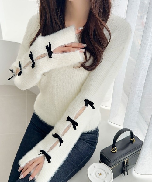 mily bilet(ミウィビレット)の「【mily bilet】品よく可愛い♪ふんわり愛されニット。甘さと抜け感が◎袖リボン使いフェザーシャギーリブニット(ニット/セーター・レディース・グレー/チャコールグレー/アイボリー/ピンク・X-LARGE/SMALL/MEDIUM/LARGE)」の1枚目の写真