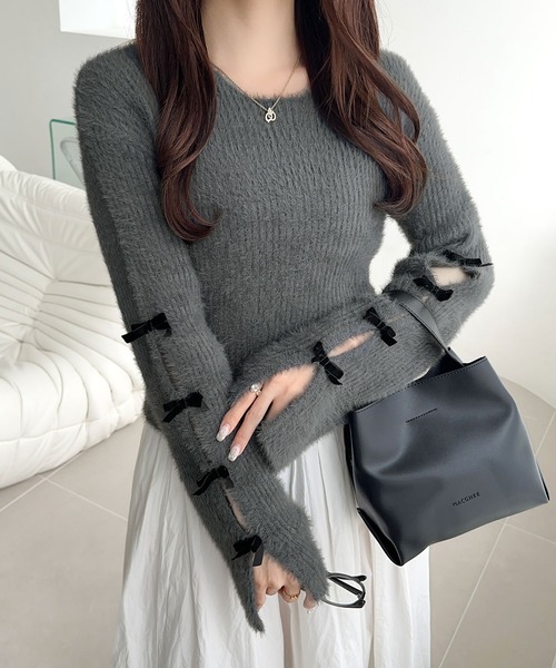 mily bilet(ミウィビレット)の「【mily bilet】品よく可愛い♪ふんわり愛されニット。甘さと抜け感が◎袖リボン使いフェザーシャギーリブニット(ニット/セーター・レディース・グレー/チャコールグレー/アイボリー/ピンク・X-LARGE/SMALL/MEDIUM/LARGE)」の15枚目の写真
