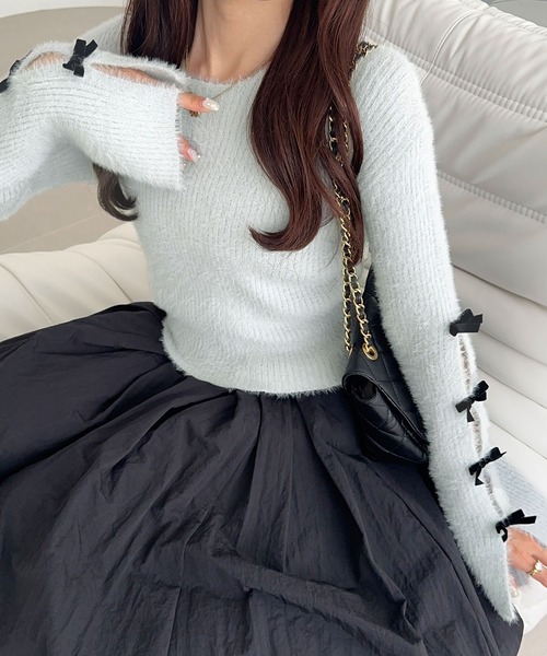 mily bilet(ミウィビレット)の「【mily bilet】品よく可愛い♪ふんわり愛されニット。甘さと抜け感が◎袖リボン使いフェザーシャギーリブニット(ニット/セーター・レディース・グレー/チャコールグレー/アイボリー/ピンク・X-LARGE/SMALL/MEDIUM/LARGE)」の20枚目の写真