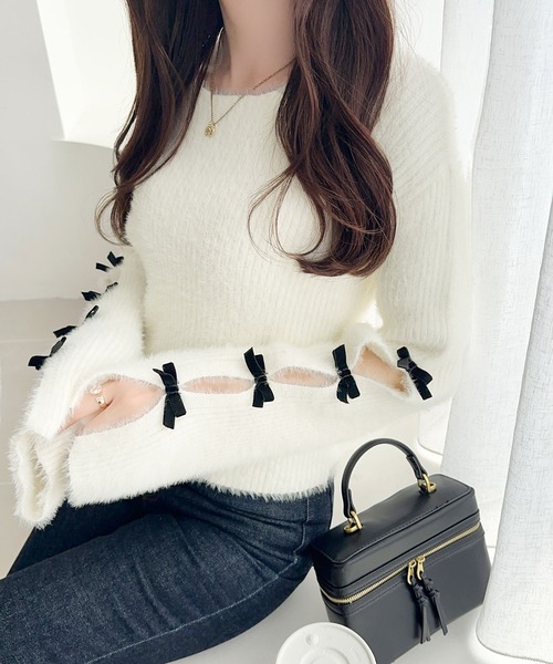 mily bilet(ミウィビレット)の「【mily bilet】品よく可愛い♪ふんわり愛されニット。甘さと抜け感が◎袖リボン使いフェザーシャギーリブニット(ニット/セーター・レディース・グレー/チャコールグレー/アイボリー/ピンク・X-LARGE/SMALL/MEDIUM/LARGE)」の9枚目の写真