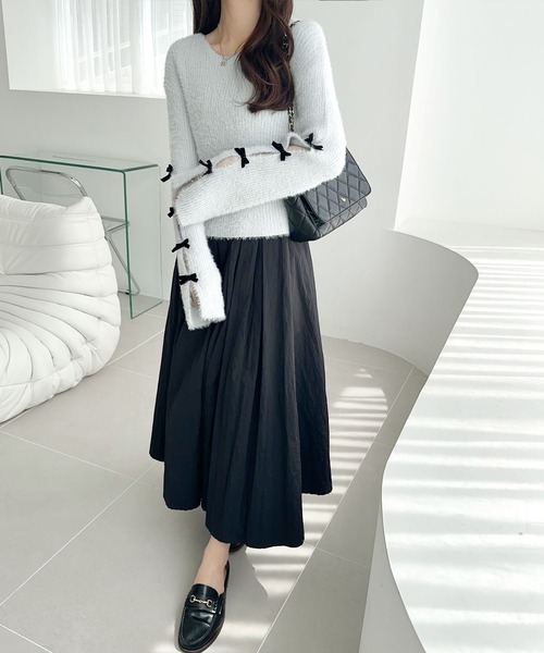 mily bilet(ミウィビレット)の「【mily bilet】品よく可愛い♪ふんわり愛されニット。甘さと抜け感が◎袖リボン使いフェザーシャギーリブニット(ニット/セーター・レディース・グレー/チャコールグレー/アイボリー/ピンク・X-LARGE/SMALL/MEDIUM/LARGE)」の22枚目の写真
