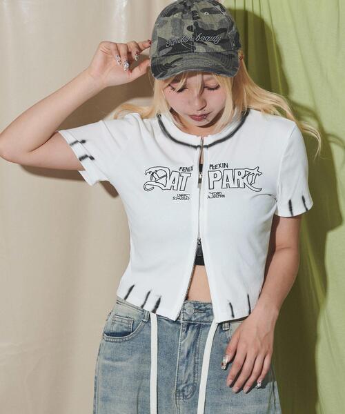 dispark(ディスパーク)の「DISPARK/WジップロゴブリーチSSトップス(Tシャツ/カットソー・レディース・ホワイト/杢グレー・FREE)」の2枚目の写真