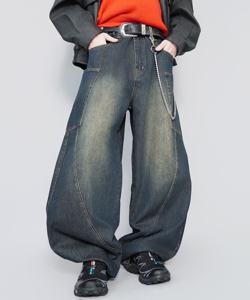 バルーンデニムワイドパンツ/バギー/カーブバレルシルエット/ユニ