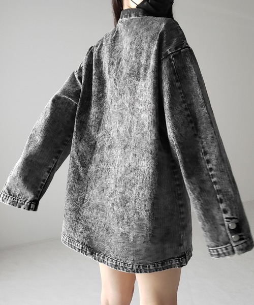 me+em select（ミームセレクト）の「【 デニムセットアップ着用可能 】ヴィンテージケミカルブリーチボーイフレンドテーラードデニムジャケット／ vintage chemical bleach boyfriend tailored denim jacket（デニムジャケット・レディース・ブラック/ブルー・2/1）」の7枚目の写真