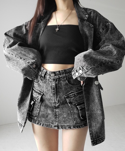 me+em select（ミームセレクト）の「【 デニムセットアップ着用可能 】ヴィンテージケミカルブリーチボーイフレンドテーラードデニムジャケット／ vintage chemical bleach boyfriend tailored denim jacket（デニムジャケット・レディース・ブラック/ブルー・2/1）」の10枚目の写真