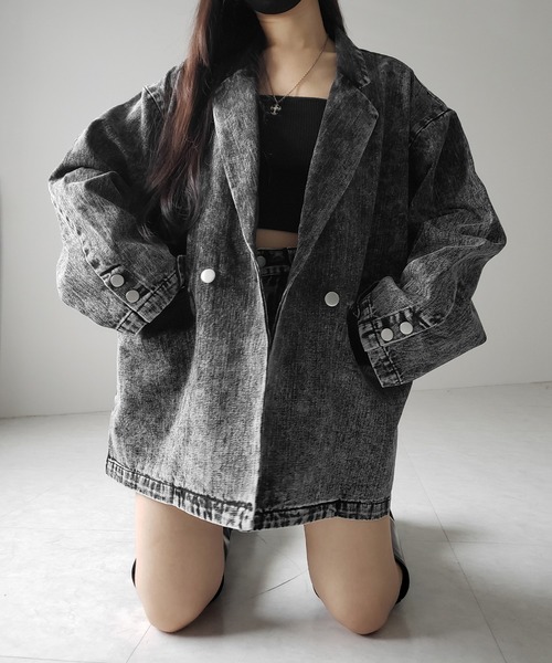 me+em select（ミームセレクト）の「【 デニムセットアップ着用可能 】ヴィンテージケミカルブリーチボーイフレンドテーラードデニムジャケット／ vintage chemical bleach boyfriend tailored denim jacket（デニムジャケット・レディース・ブラック/ブルー・2/1）」の13枚目の写真