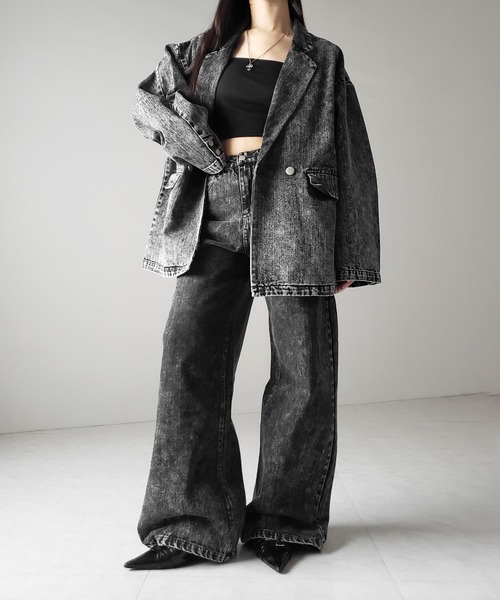 me+em select（ミームセレクト）の「【 デニムセットアップ着用可能 】ヴィンテージケミカルブリーチボーイフレンドテーラードデニムジャケット／ vintage chemical bleach boyfriend tailored denim jacket（デニムジャケット・レディース・ブラック/ブルー・2/1）」の16枚目の写真