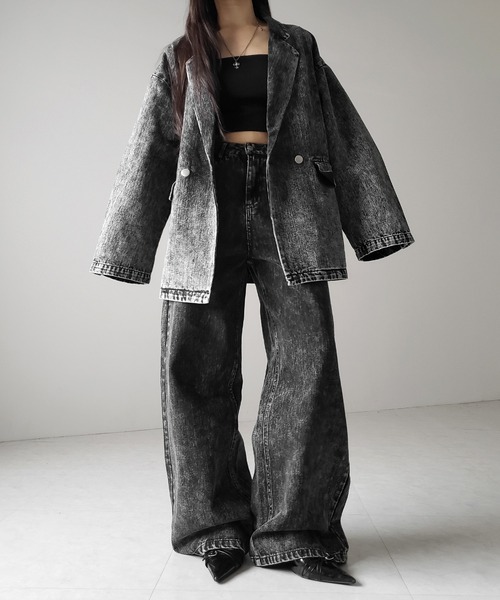 me+em select（ミームセレクト）の「【 デニムセットアップ着用可能 】ヴィンテージケミカルブリーチボーイフレンドテーラードデニムジャケット／ vintage chemical bleach boyfriend tailored denim jacket（デニムジャケット・レディース・ブラック/ブルー・2/1）」の18枚目の写真