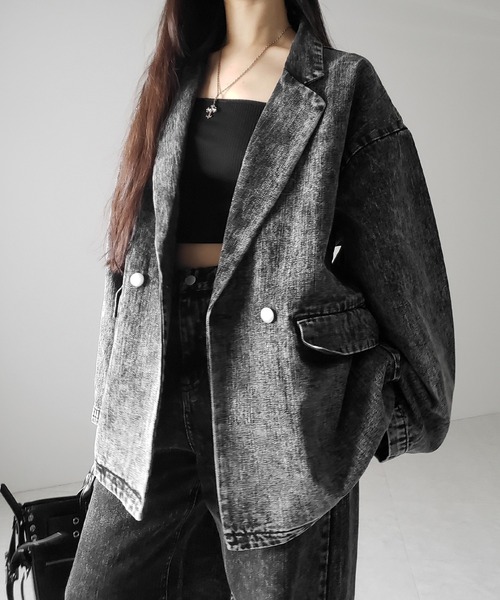 me+em select（ミームセレクト）の「【 デニムセットアップ着用可能 】ヴィンテージケミカルブリーチボーイフレンドテーラードデニムジャケット／ vintage chemical bleach boyfriend tailored denim jacket（デニムジャケット・レディース・ブラック/ブルー・2/1）」の19枚目の写真