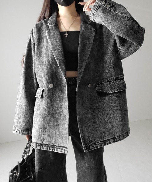 me+em select（ミームセレクト）の「【 デニムセットアップ着用可能 】ヴィンテージケミカルブリーチボーイフレンドテーラードデニムジャケット／ vintage chemical bleach boyfriend tailored denim jacket（デニムジャケット・レディース・ブラック/ブルー・2/1）」の20枚目の写真