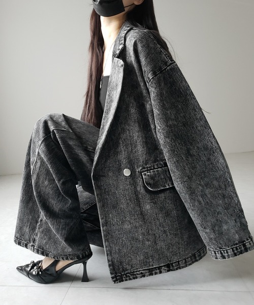 me+em select（ミームセレクト）の「【 デニムセットアップ着用可能 】ヴィンテージケミカルブリーチボーイフレンドテーラードデニムジャケット／ vintage chemical bleach boyfriend tailored denim jacket（デニムジャケット・レディース・ブラック/ブルー・2/1）」の22枚目の写真