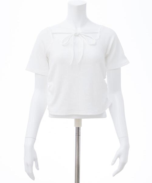 INGNI（イング）の「リボン付レースリブトップス（Tシャツ/カットソー・レディース・オフホワイト/ライトピンク/ブラック・M）」の4枚目の写真