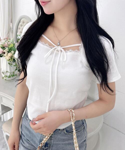 INGNI（イング）の「リボン付レースリブトップス（Tシャツ/カットソー・レディース・オフホワイト/ライトピンク/ブラック・M）」の8枚目の写真