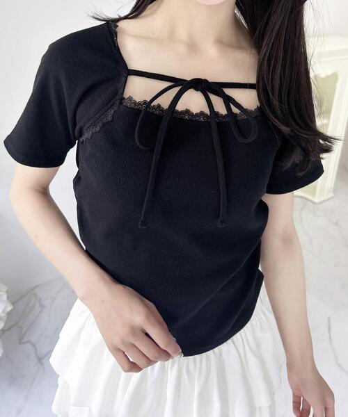 INGNI（イング）の「リボン付レースリブトップス（Tシャツ/カットソー・レディース・オフホワイト/ライトピンク/ブラック・M）」の9枚目の写真