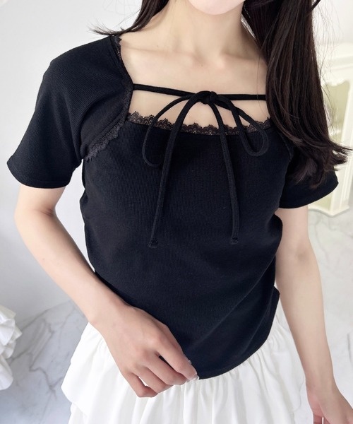 INGNI（イング）の「リボン付レースリブトップス（Tシャツ/カットソー・レディース・オフホワイト/ライトピンク/ブラック・M）」の3枚目の写真