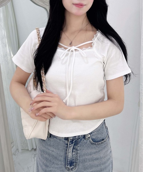 INGNI（イング）の「リボン付レースリブトップス（Tシャツ/カットソー・レディース・オフホワイト/ライトピンク/ブラック・M）」の11枚目の写真