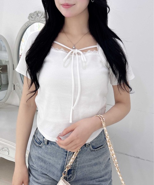 INGNI（イング）の「リボン付レースリブトップス（Tシャツ/カットソー・レディース・オフホワイト/ライトピンク/ブラック・M）」の12枚目の写真