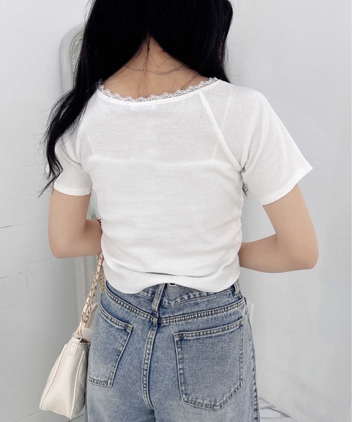 INGNI（イング）の「リボン付レースリブトップス（Tシャツ/カットソー・レディース・オフホワイト/ライトピンク/ブラック・M）」の13枚目の写真