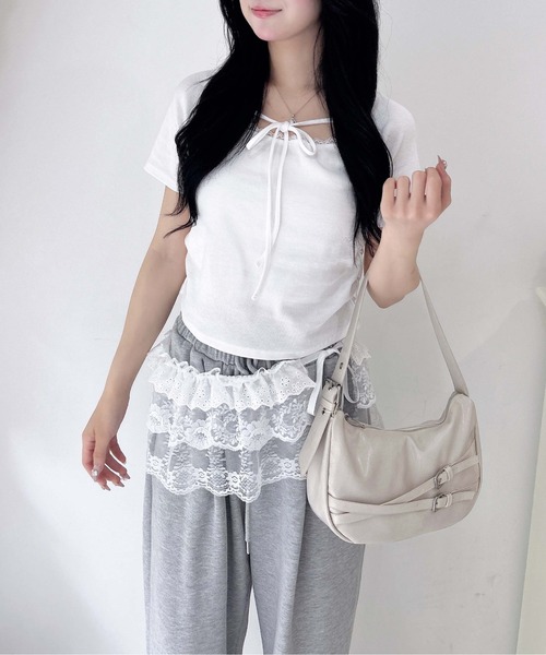 INGNI（イング）の「リボン付レースリブトップス（Tシャツ/カットソー・レディース・オフホワイト/ライトピンク/ブラック・M）」の15枚目の写真