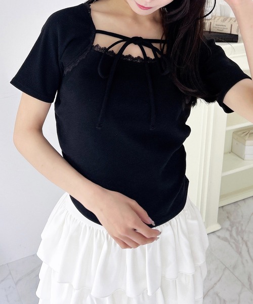 INGNI（イング）の「リボン付レースリブトップス（Tシャツ/カットソー・レディース・オフホワイト/ライトピンク/ブラック・M）」の16枚目の写真