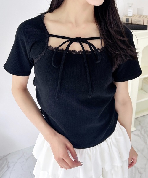 INGNI（イング）の「リボン付レースリブトップス（Tシャツ/カットソー・レディース・オフホワイト/ライトピンク/ブラック・M）」の17枚目の写真