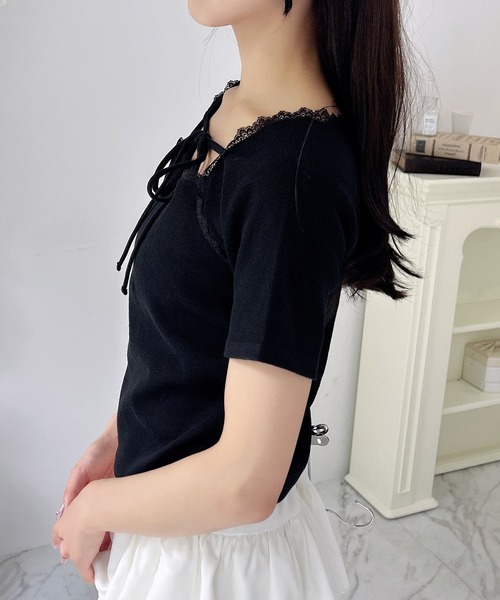 INGNI（イング）の「リボン付レースリブトップス（Tシャツ/カットソー・レディース・オフホワイト/ライトピンク/ブラック・M）」の18枚目の写真