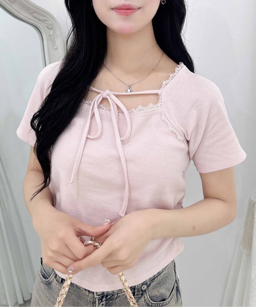 INGNI（イング）の「リボン付レースリブトップス（Tシャツ/カットソー・レディース・オフホワイト/ライトピンク/ブラック・M）」の22枚目の写真