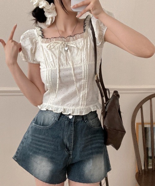 almo（アルモ）の「【LAMPOON】ドットシュシュセットブラウス（シャツ/ブラウス・レディース・ネイビー/ホワイト/レッド・FREE）」の9枚目の写真