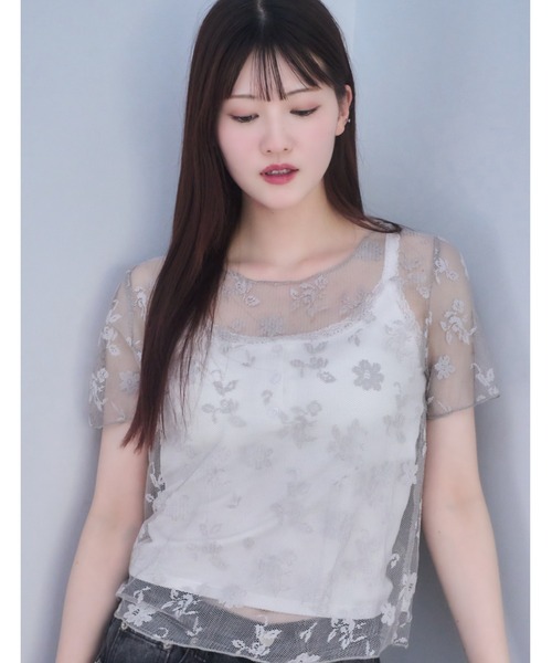 mellowneon(メロウネオン)の「レースフラワーTシャツ(Tシャツ/カットソー・レディース・グレー/アイボリー/ブラック・FREE)」の8枚目の写真