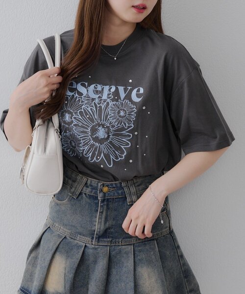 OHGA ブラック Tシャツ Fサイズ フラワー装飾 F by ROSSO tシャツ ROSSO フラワー刺繍5分袖Tシャツ レディース