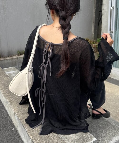 CIAOPANIC TYPY（チャオパニックティピー）の「前後2wayメランジシアーストライプリボンカーデ（Tシャツ/カットソー・レディース・グレー/オフホワイト/ブラック・ONE SIZE）」の3枚目の写真