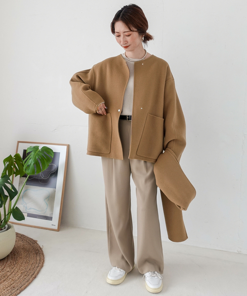 Spick & Span（スピックアンドスパン）の「《追加》ビーバーストール付きセットコート（ノーカラーコート・レディース・ブラック/ベージュ/キャメル・38/36）」の6枚目の写真