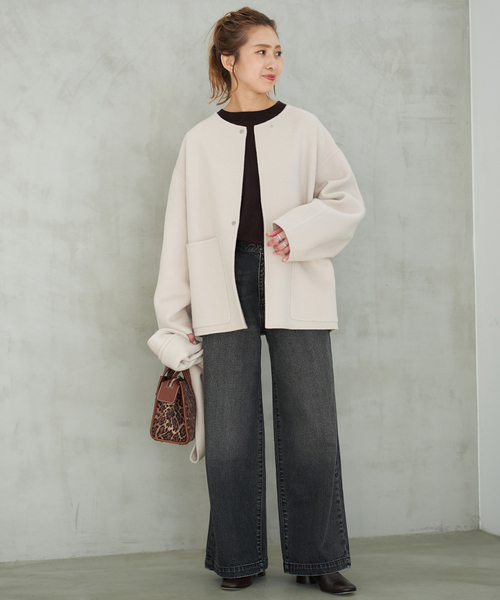 スピックアンドスパン　ビーバーストール付きショートコート　38 Spick＆Span ノーカラーコート コート 「追加」ビーバーストール