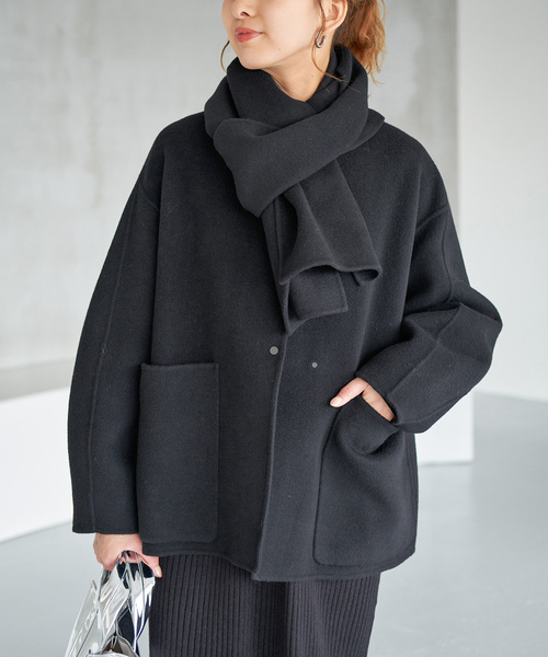 スピックアンドスパン　ウール混ロングコート　ビーバー　ノーカラー　ゆったり　黒 スピックアンドスパン ウール混ロングコート ビーバー ノーカラー