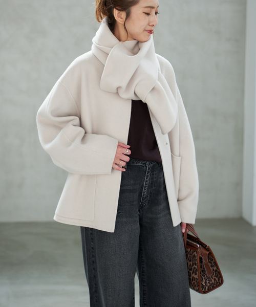 コート&ストール coat-13009 ストール付き ウール ミディコート モカ ブラック