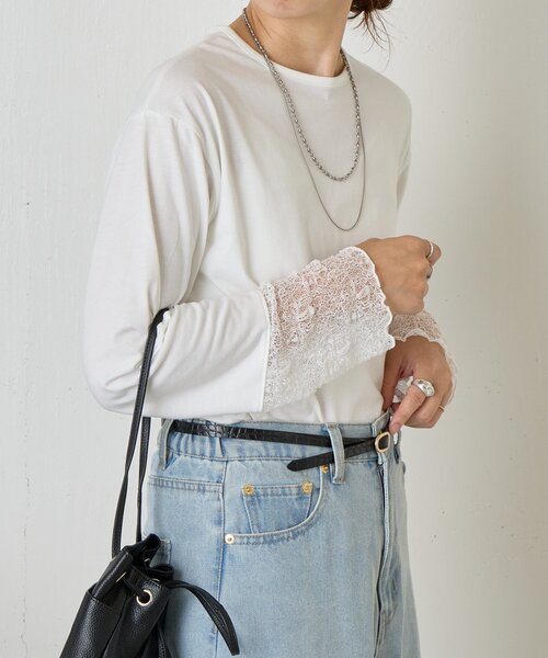 Jena espace merveilleux（ジェナ　エスパスメルヴェイユ）の「【ニットのインナーにも◎】袖口レースカットソー（Tシャツ/カットソー・レディース・オフホワイト/ブラック・FREE）」の10枚目の写真