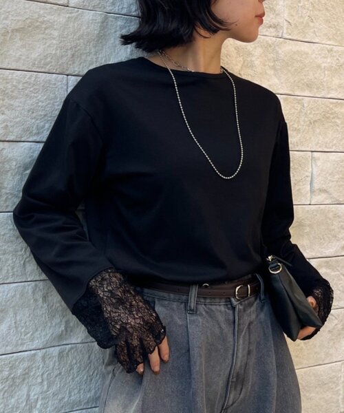 Jena espace merveilleux（ジェナ　エスパスメルヴェイユ）の「【ニットのインナーにも◎】袖口レースカットソー（Tシャツ/カットソー・レディース・オフホワイト/ブラック・FREE）」の22枚目の写真