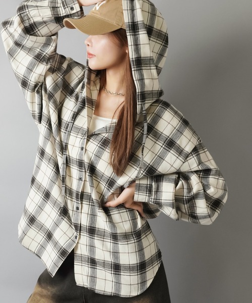 セール】フード付きオーバーサイズチェックシャツ/フーディー（シャツ