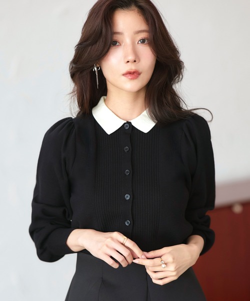 RUIRUE BOUTIQUE（ルイルエブティック）の「洗える ストレッチ ｜ 衿つき パフ ニット カーデ ｜ レディース ニットトップス オフィスカジュアル カーディガン トップス リブニット 長袖 セーター（カーディガン/ボレロ・レディース・ネイビー/ブラック×ホワイト/ブラック/グレー・L/M）」の2枚目の写真