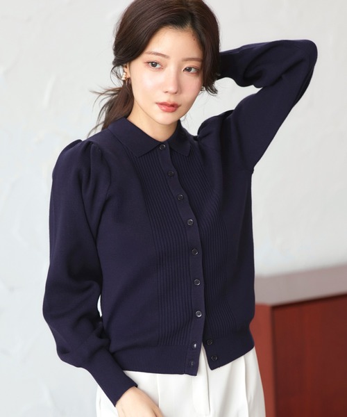 RUIRUE BOUTIQUE（ルイルエブティック）の「洗える ストレッチ ｜ 衿つき パフ ニット カーデ ｜ レディース ニットトップス オフィスカジュアル カーディガン トップス リブニット 長袖 セーター（カーディガン/ボレロ・レディース・ネイビー/ブラック×ホワイト/ブラック/グレー・L/M）」の4枚目の写真
