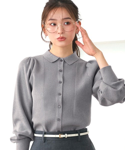 RUIRUE BOUTIQUE（ルイルエブティック）の「洗える ストレッチ ｜ 衿つき パフ ニット カーデ ｜ レディース ニットトップス オフィスカジュアル カーディガン トップス リブニット 長袖 セーター（カーディガン/ボレロ・レディース・ネイビー/ブラック×ホワイト/ブラック/グレー・L/M）」の3枚目の写真