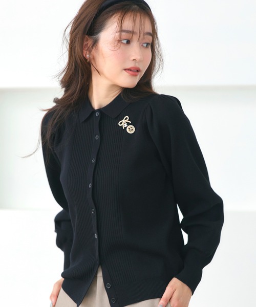洗える ストレッチ ｜ 衿つき パフ ニット カーデ ｜ レディース