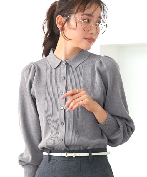 RUIRUE BOUTIQUE（ルイルエブティック）の「洗える ストレッチ ｜ 衿つき パフ ニット カーデ ｜ レディース ニットトップス オフィスカジュアル カーディガン トップス リブニット 長袖 セーター（カーディガン/ボレロ・レディース・ネイビー/ブラック×ホワイト/ブラック/グレー・L/M）」の6枚目の写真