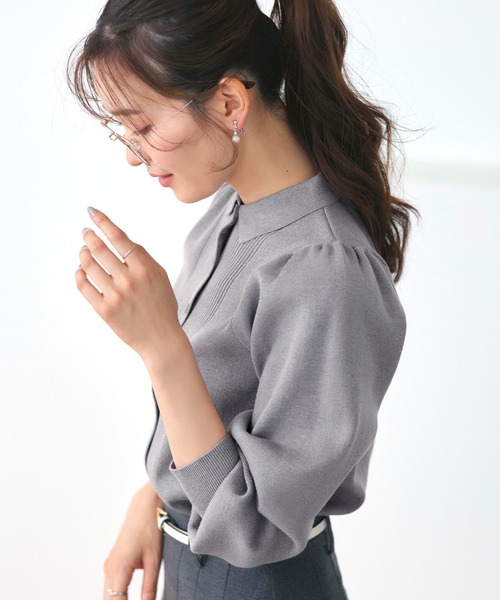 RUIRUE BOUTIQUE（ルイルエブティック）の「洗える ストレッチ ｜ 衿つき パフ ニット カーデ ｜ レディース ニットトップス オフィスカジュアル カーディガン トップス リブニット 長袖 セーター（カーディガン/ボレロ・レディース・ネイビー/ブラック×ホワイト/ブラック/グレー・L/M）」の7枚目の写真