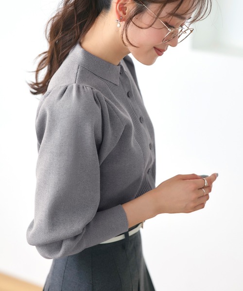RUIRUE BOUTIQUE（ルイルエブティック）の「洗える ストレッチ ｜ 衿つき パフ ニット カーデ ｜ レディース ニットトップス オフィスカジュアル カーディガン トップス リブニット 長袖 セーター（カーディガン/ボレロ・レディース・ネイビー/ブラック×ホワイト/ブラック/グレー・L/M）」の9枚目の写真