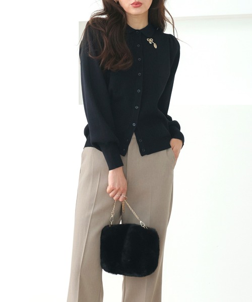 RUIRUE BOUTIQUE（ルイルエブティック）の「洗える ストレッチ ｜ 衿つき パフ ニット カーデ ｜ レディース ニットトップス オフィスカジュアル カーディガン トップス リブニット 長袖 セーター（カーディガン/ボレロ・レディース・ネイビー/ブラック×ホワイト/ブラック/グレー・L/M）」の13枚目の写真